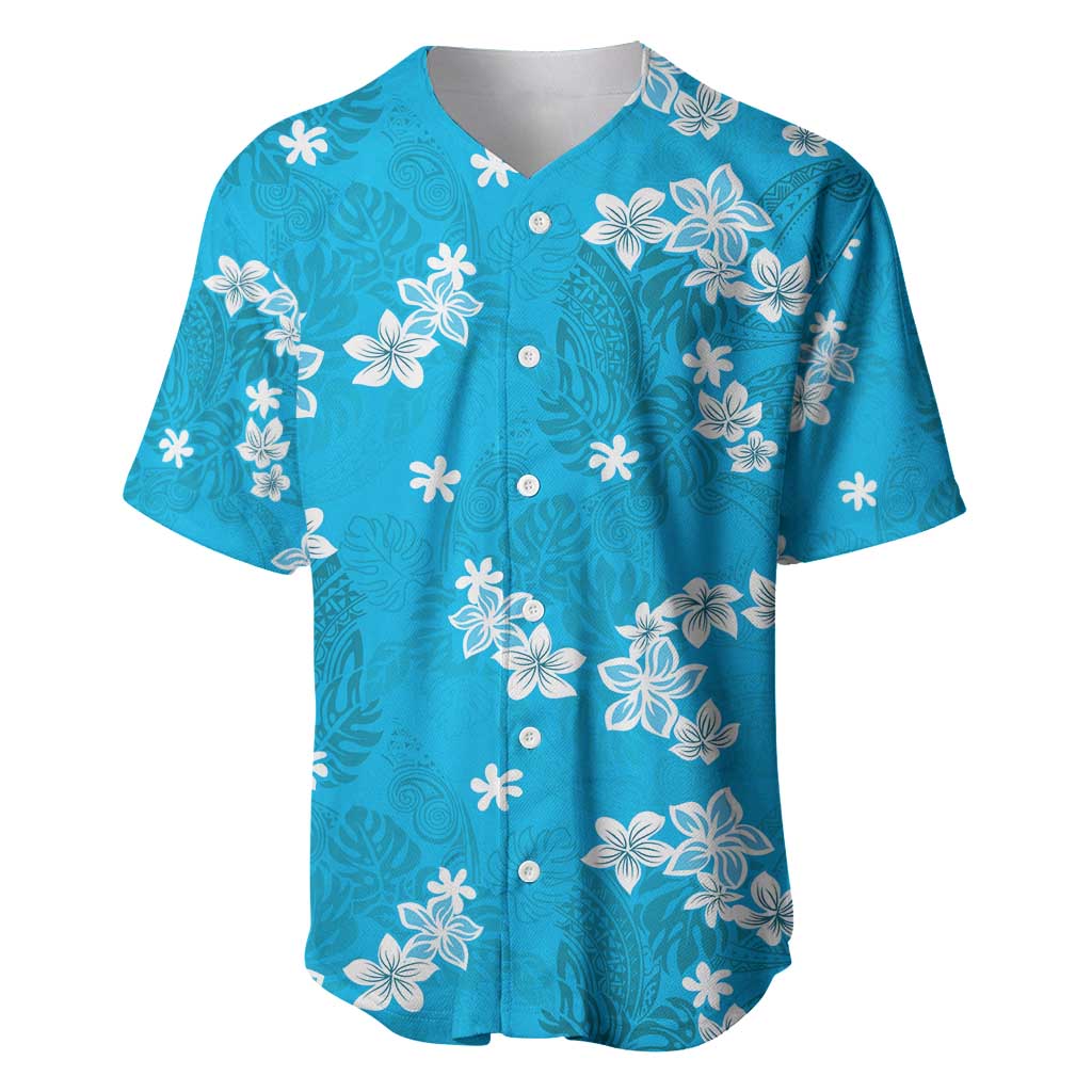 Hawaii Monstera Deliciosa Baseball Jersey Blue Plumeria Polynesian Pattern - Polynesian Pride