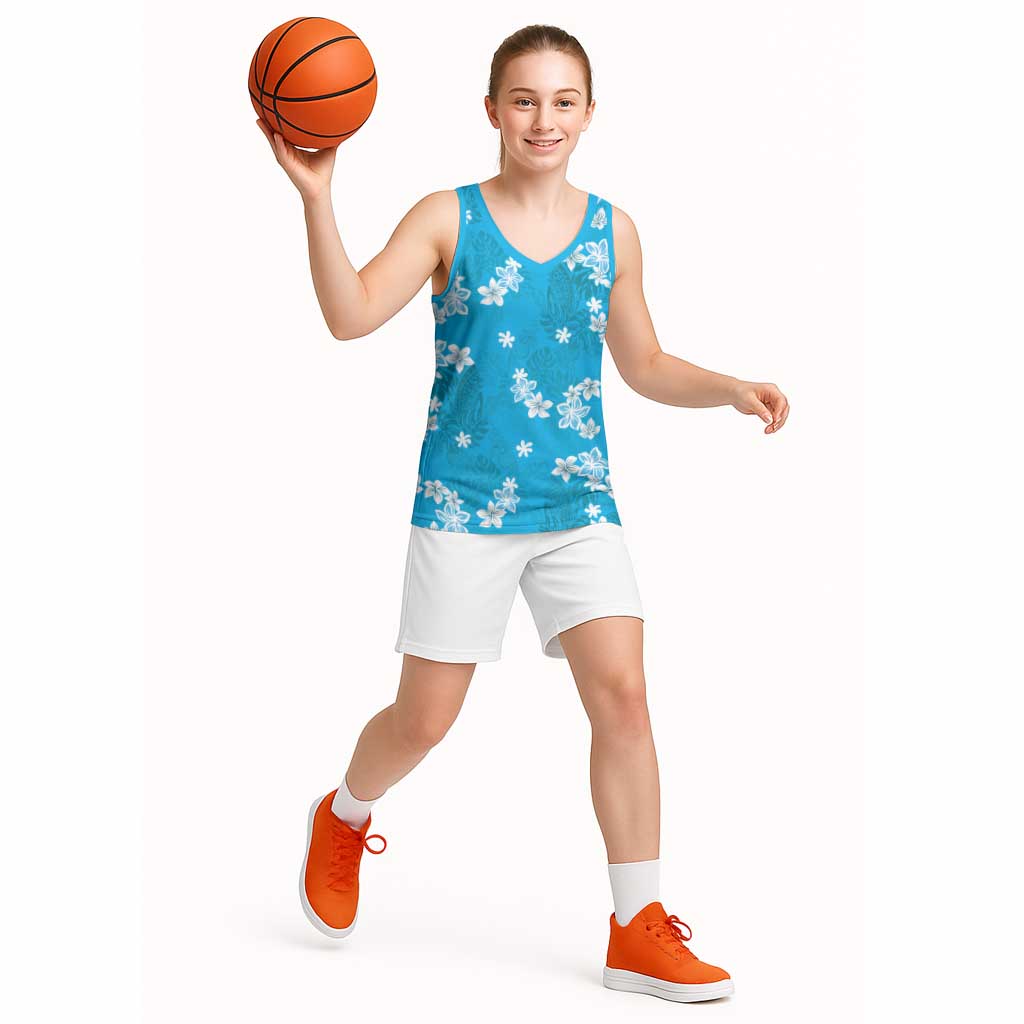 Hawaii Monstera Deliciosa Basketball Jersey Blue Plumeria Polynesian Pattern - Polynesian Pride