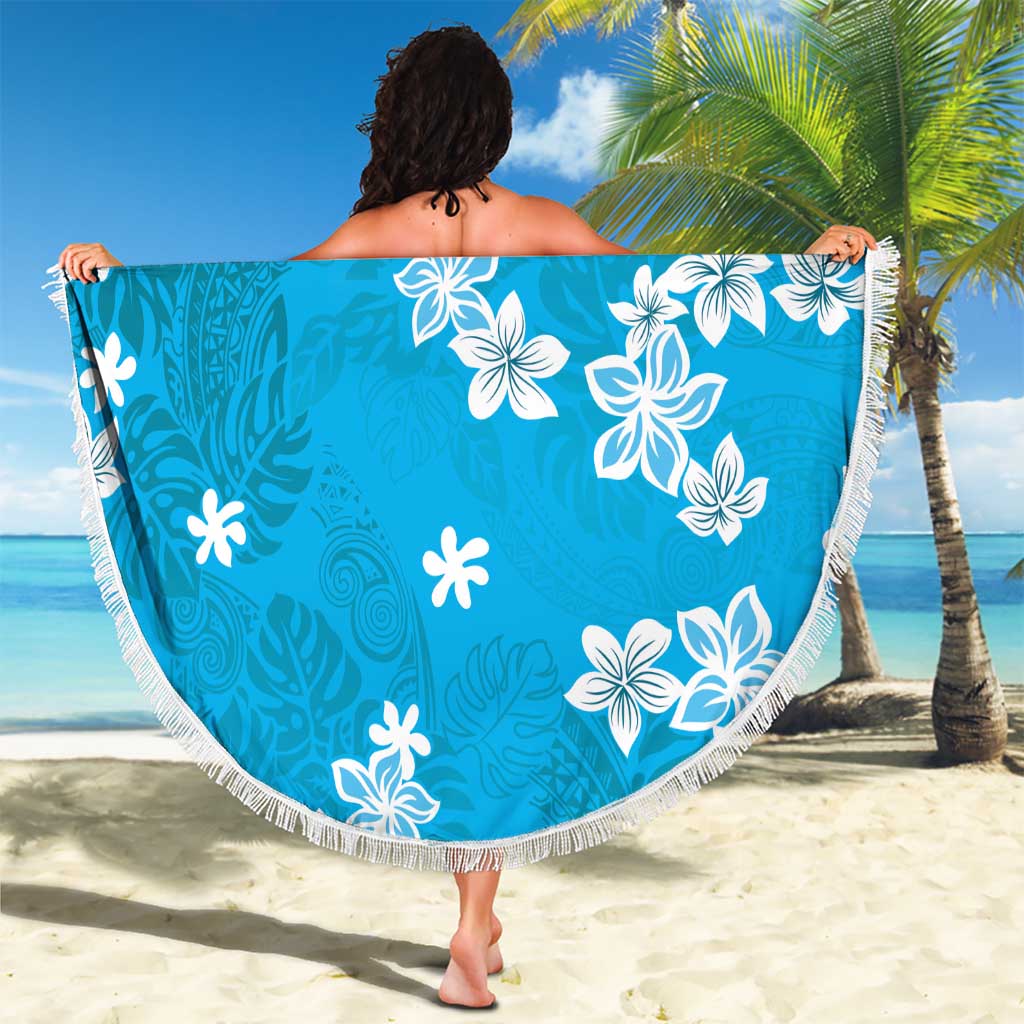 Hawaii Monstera Deliciosa Beach Blanket Blue Plumeria Polynesian Pattern - Polynesian Pride