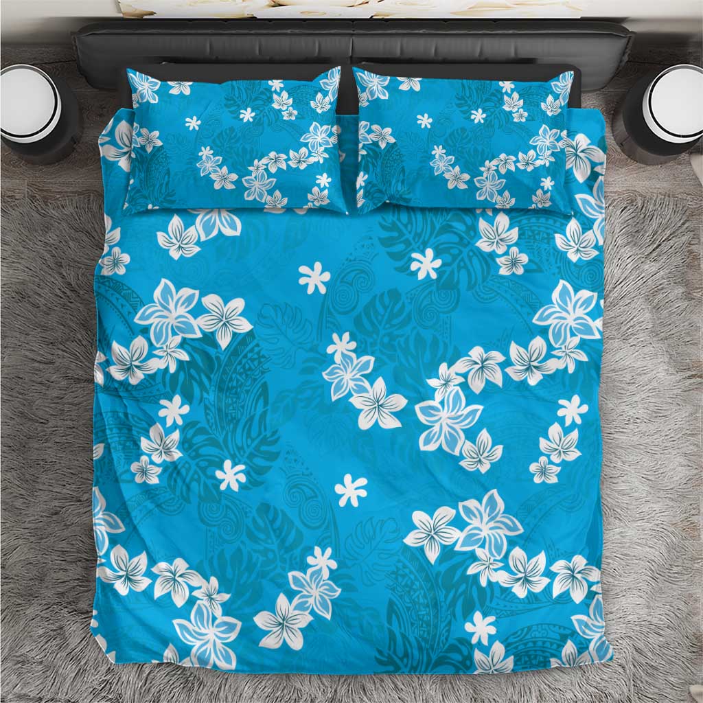 Hawaii Monstera Deliciosa Bedding Set Blue Plumeria Polynesian Pattern - Polynesian Pride