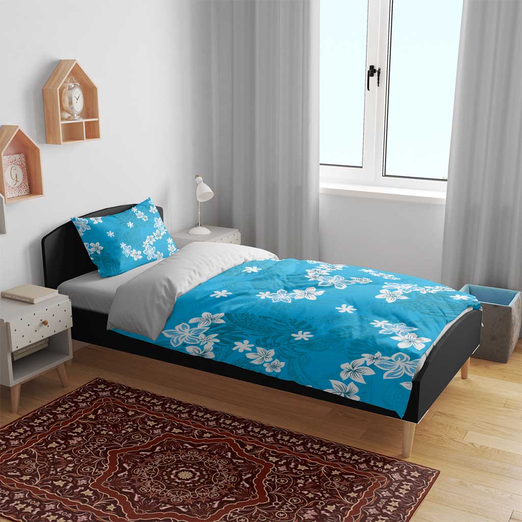 Hawaii Monstera Deliciosa Bedding Set Blue Plumeria Polynesian Pattern - Polynesian Pride
