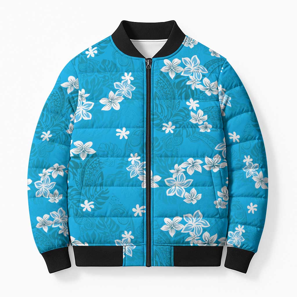 Hawaii Monstera Deliciosa Bomber Puffer Jacket Blue Plumeria Polynesian Pattern LT05 Unisex Blue - Polynesian Pride