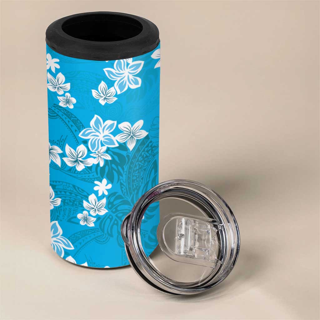 Hawaii Monstera Deliciosa 4 in 1 Can Cooler Tumbler Blue Plumeria Polynesian Pattern - Polynesian Pride