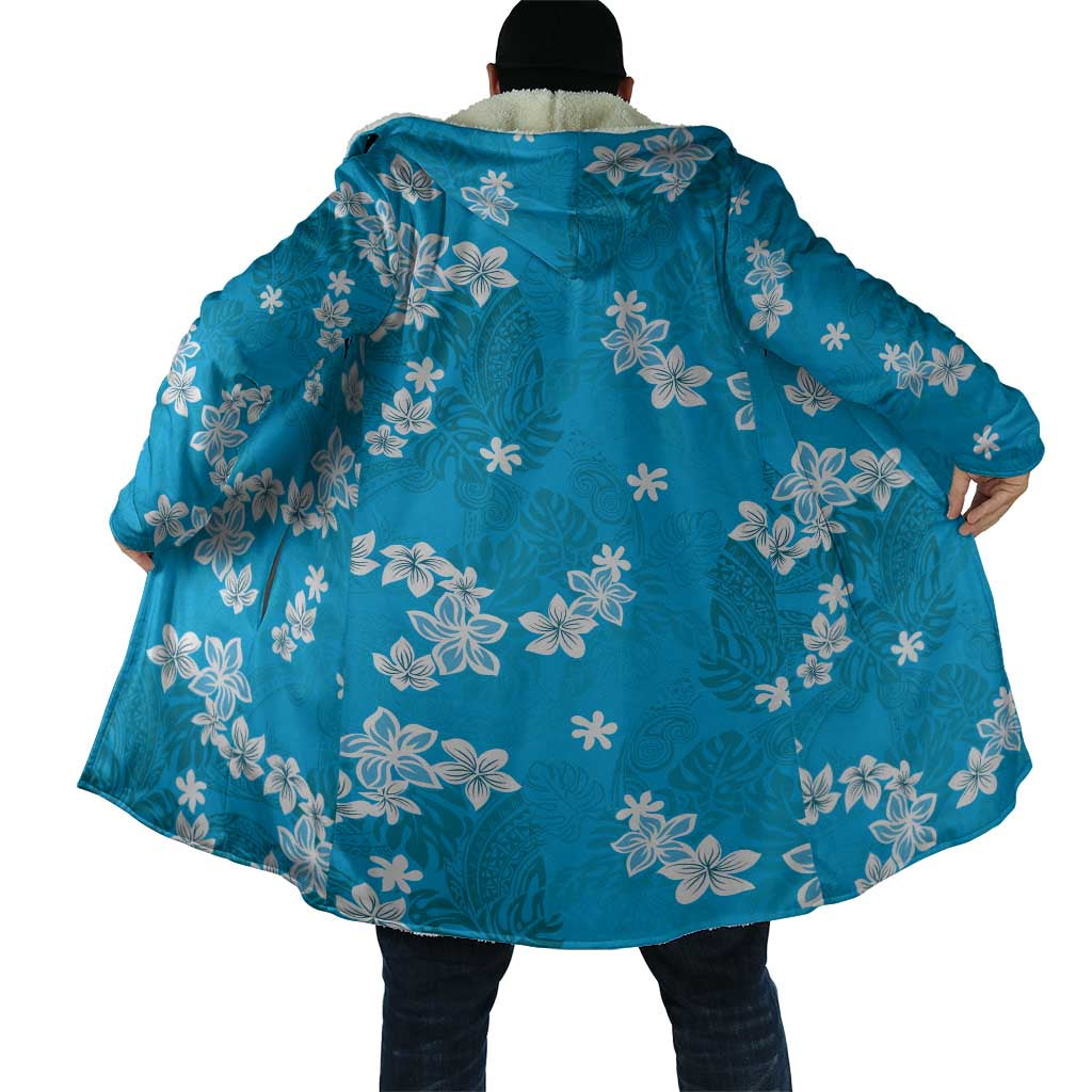Hawaii Monstera Deliciosa Cloak Blue Plumeria Polynesian Pattern - Polynesian Pride