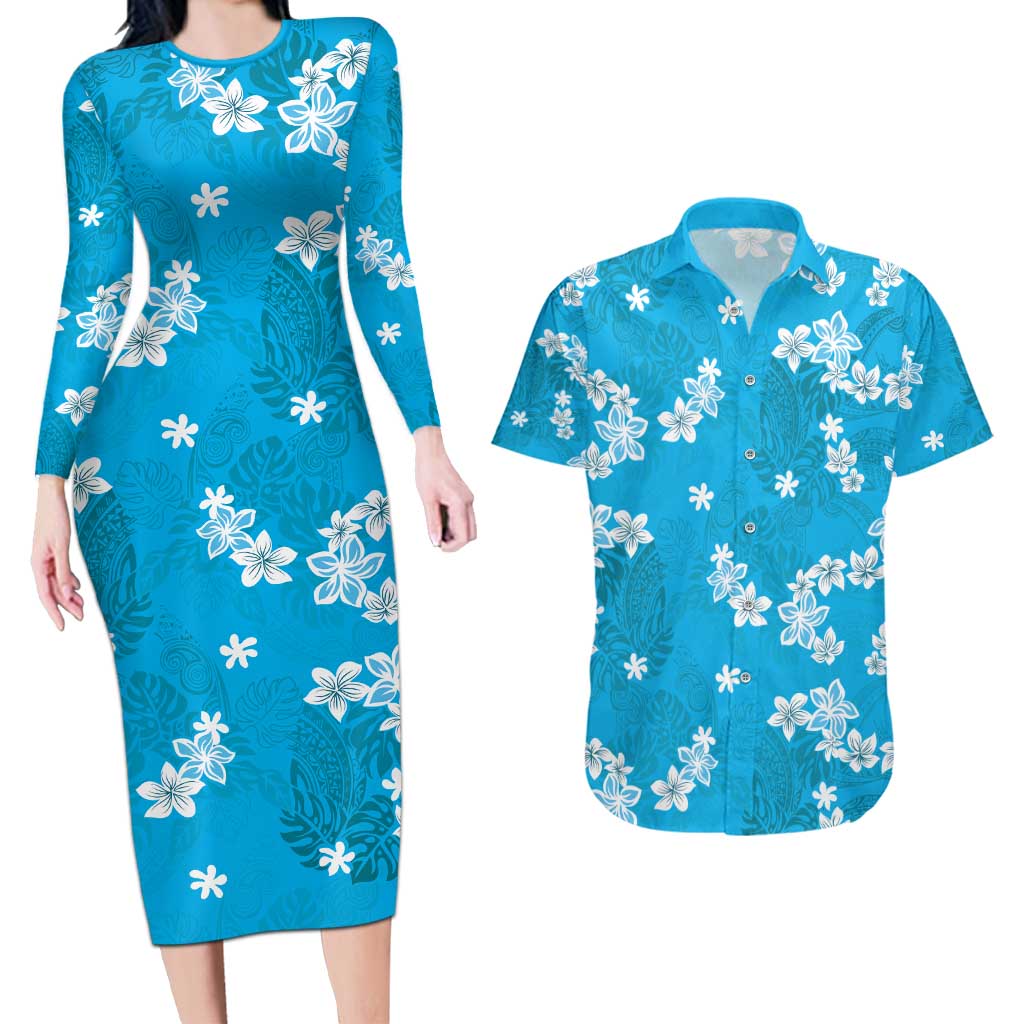 Hawaii Monstera Deliciosa Couples Matching Long Sleeve Bodycon Dress and Hawaiian Shirt Blue Plumeria Polynesian Pattern - Polynesian Pride