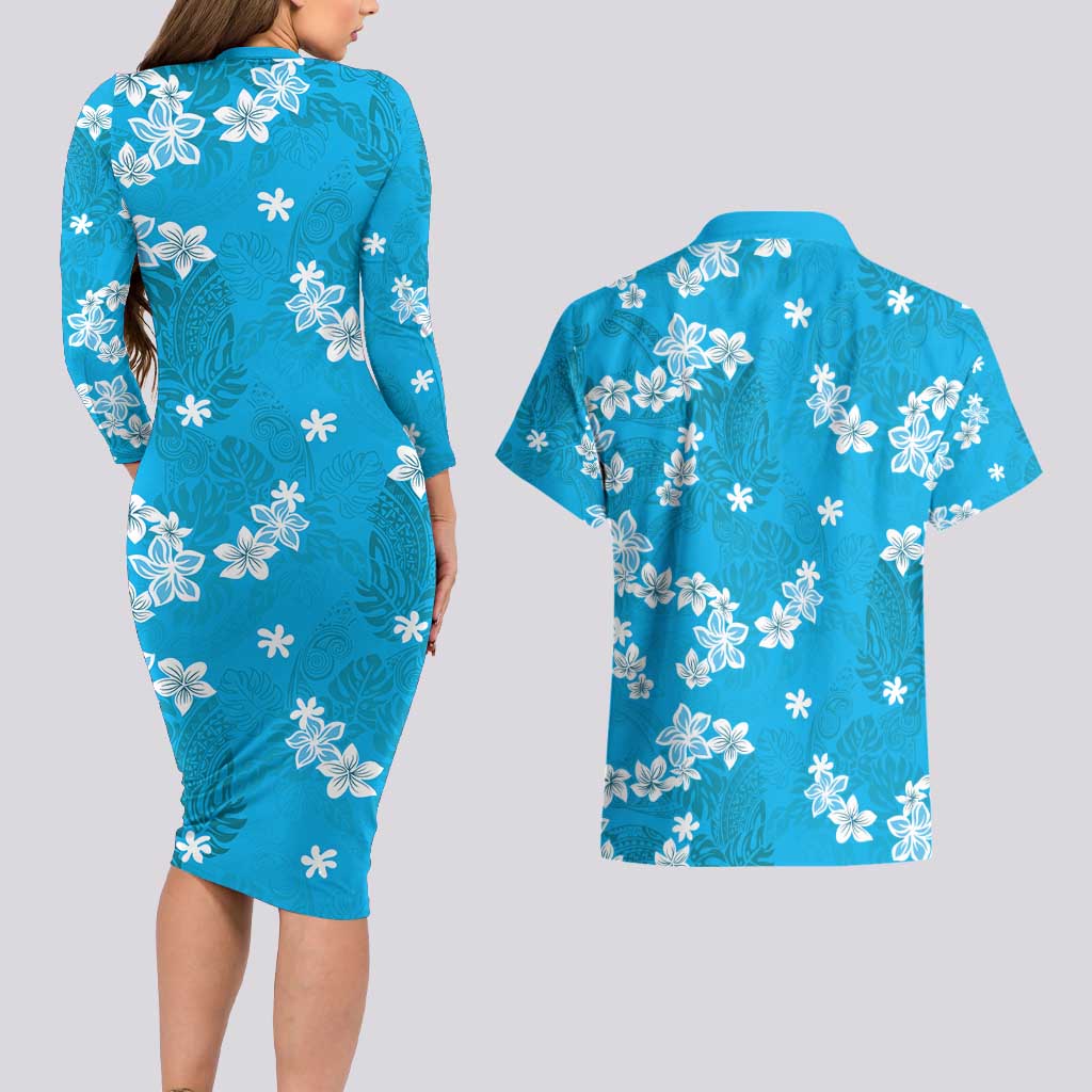 Hawaii Monstera Deliciosa Couples Matching Long Sleeve Bodycon Dress and Hawaiian Shirt Blue Plumeria Polynesian Pattern - Polynesian Pride
