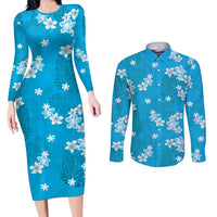 Hawaii Monstera Deliciosa Couples Matching Long Sleeve Bodycon Dress and Long Sleeve Button Shirt Blue Plumeria Polynesian Pattern - Polynesian Pride