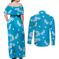Hawaii Monstera Deliciosa Couples Matching Off Shoulder Maxi Dress and Long Sleeve Button Shirt Blue Plumeria Polynesian Pattern - Polynesian Pride