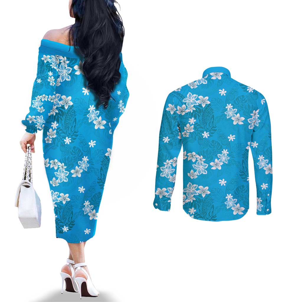 Hawaii Monstera Deliciosa Couples Matching Off The Shoulder Long Sleeve Dress and Long Sleeve Button Shirt Blue Plumeria Polynesian Pattern - Polynesian Pride