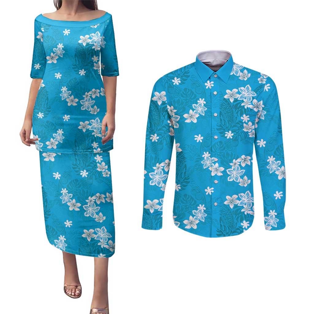 Hawaii Monstera Deliciosa Couples Matching Puletasi and Long Sleeve Button Shirt Blue Plumeria Polynesian Pattern LT05 Blue - Polynesian Pride