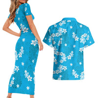 Hawaii Monstera Deliciosa Couples Matching Short Sleeve Bodycon Dress and Hawaiian Shirt Blue Plumeria Polynesian Pattern - Polynesian Pride