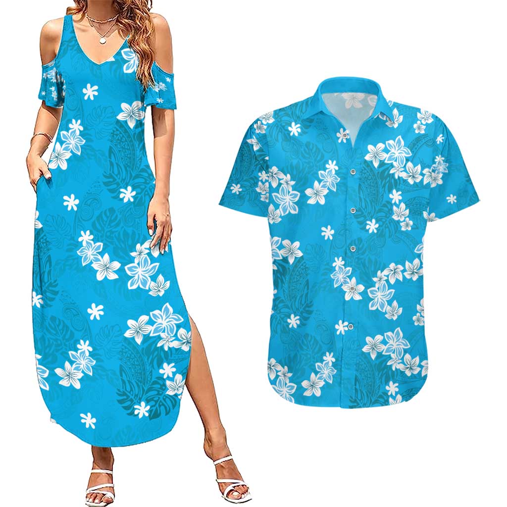 Hawaii Monstera Deliciosa Couples Matching Summer Maxi Dress and Hawaiian Shirt Blue Plumeria Polynesian Pattern - Polynesian Pride