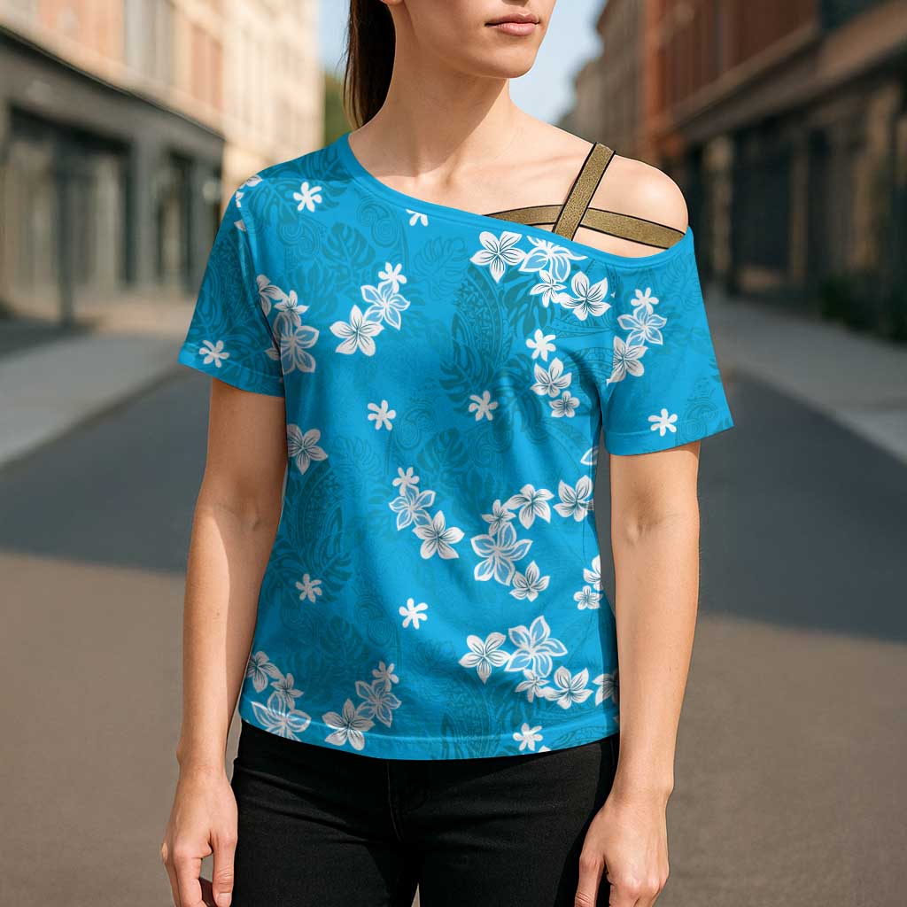 Hawaii Monstera Deliciosa Cross Shoulder Shirt Blue Plumeria Polynesian Pattern - Polynesian Pride