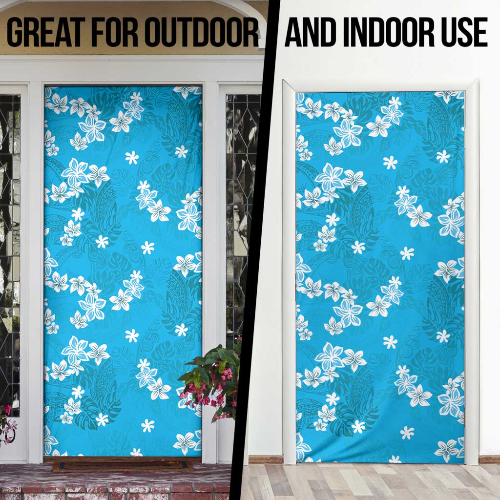 Hawaii Monstera Deliciosa Door Cover Blue Plumeria Polynesian Pattern - Polynesian Pride