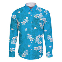 Hawaii Monstera Deliciosa Family Matching Long Sleeve Bodycon Dress and Hawaiian Shirt Blue Plumeria Polynesian Pattern - Polynesian Pride