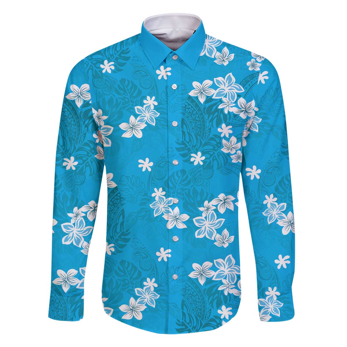 Hawaii Monstera Deliciosa Family Matching Off The Shoulder Long Sleeve Dress and Hawaiian Shirt Blue Plumeria Polynesian Pattern - Polynesian Pride