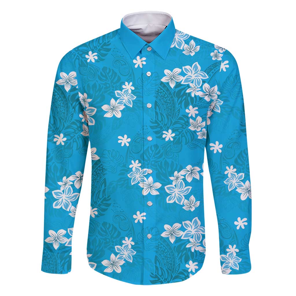 Hawaii Monstera Deliciosa Family Matching Off Shoulder Maxi Dress and Hawaiian Shirt Blue Plumeria Polynesian Pattern - Polynesian Pride