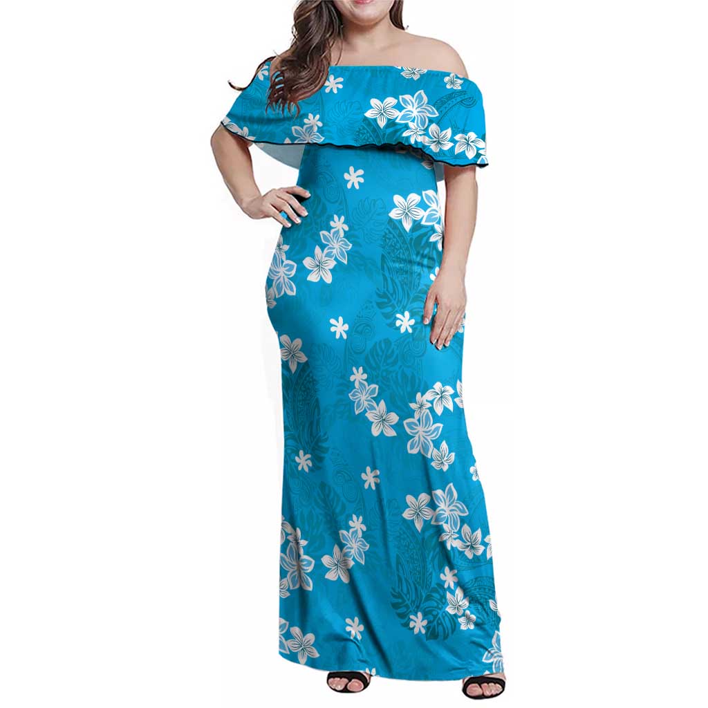 Hawaii Monstera Deliciosa Family Matching Off Shoulder Maxi Dress and Hawaiian Shirt Blue Plumeria Polynesian Pattern - Polynesian Pride