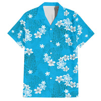 Hawaii Monstera Deliciosa Family Matching Off Shoulder Short Dress and Hawaiian Shirt Blue Plumeria Polynesian Pattern - Polynesian Pride