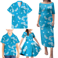 Hawaii Monstera Deliciosa Family Matching Puletasi and Hawaiian Shirt Blue Plumeria Polynesian Pattern - Polynesian Pride