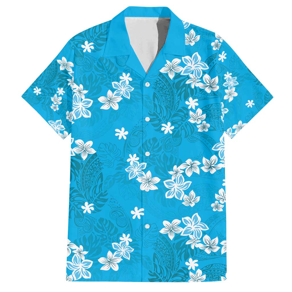 Hawaii Monstera Deliciosa Family Matching Puletasi and Hawaiian Shirt Blue Plumeria Polynesian Pattern - Polynesian Pride