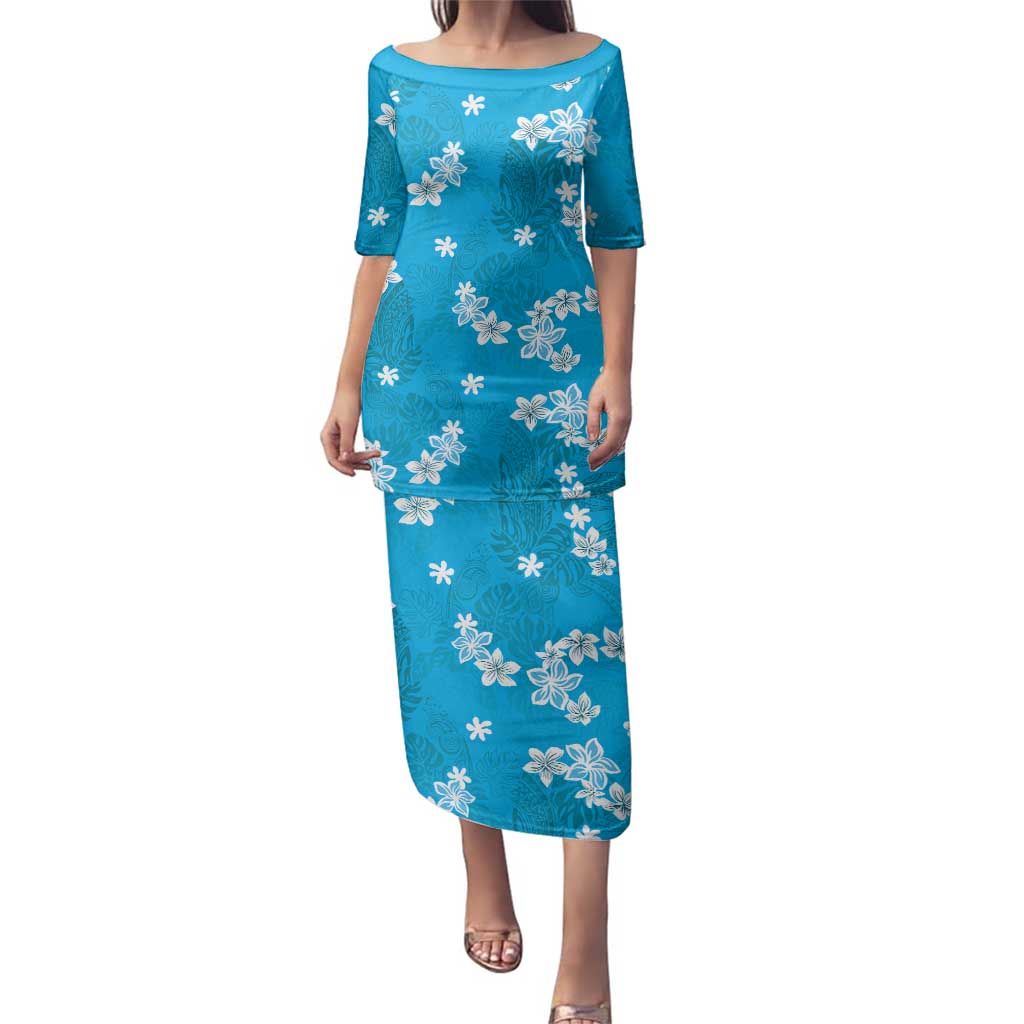 Hawaii Monstera Deliciosa Family Matching Puletasi and Hawaiian Shirt Blue Plumeria Polynesian Pattern - Polynesian Pride