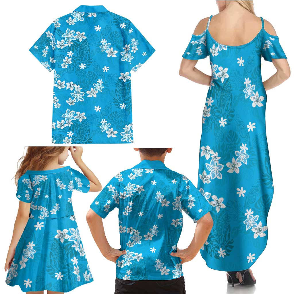 Hawaii Monstera Deliciosa Family Matching Summer Maxi Dress and Hawaiian Shirt Blue Plumeria Polynesian Pattern - Polynesian Pride