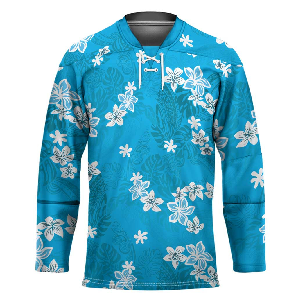 Hawaii Monstera Deliciosa Hockey Jersey Blue Plumeria Polynesian Pattern - Polynesian Pride