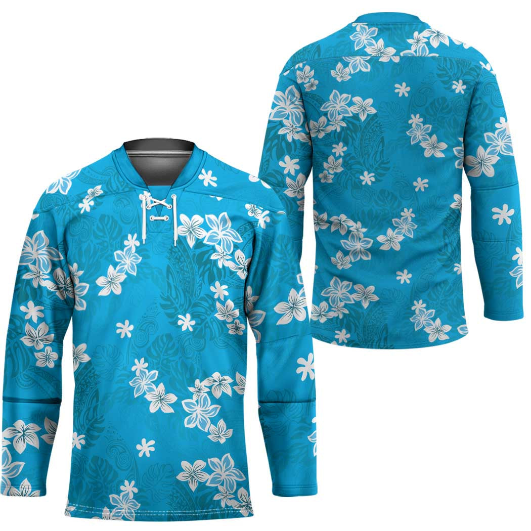 Hawaii Monstera Deliciosa Hockey Jersey Blue Plumeria Polynesian Pattern - Polynesian Pride