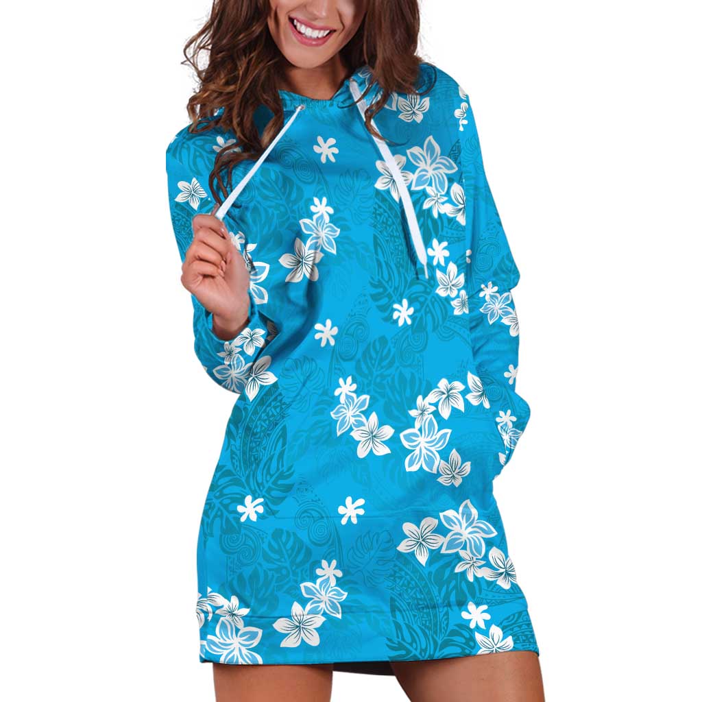 Hawaii Monstera Deliciosa Hoodie Dress Blue Plumeria Polynesian Pattern - Polynesian Pride