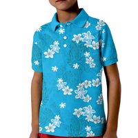 Hawaii Monstera Deliciosa Kid Polo Shirt Blue Plumeria Polynesian Pattern - Polynesian Pride
