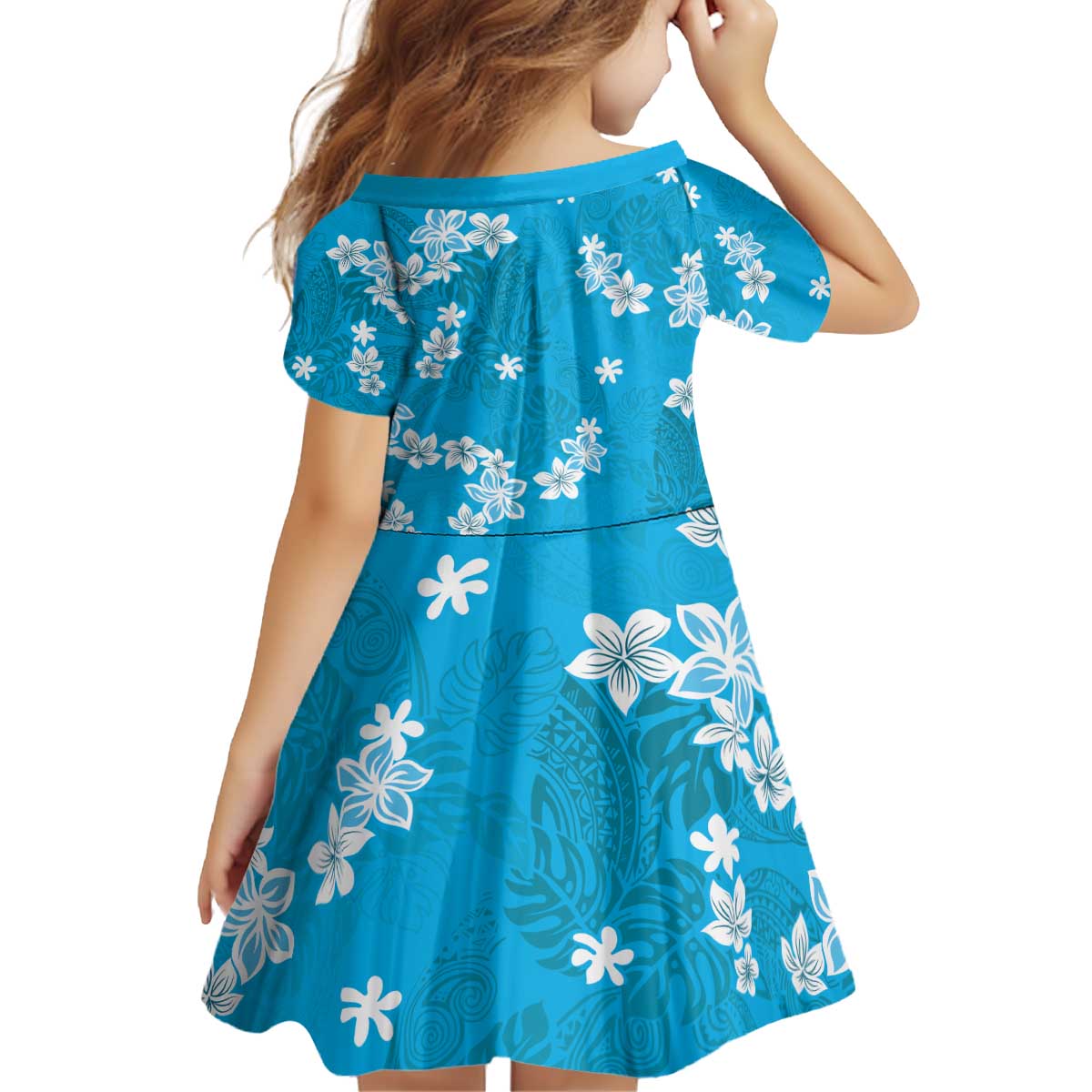 Hawaii Monstera Deliciosa Kid Short Sleeve Dress Blue Plumeria Polynesian Pattern - Polynesian Pride