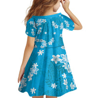 Hawaii Monstera Deliciosa Kid Short Sleeve Dress Blue Plumeria Polynesian Pattern - Polynesian Pride