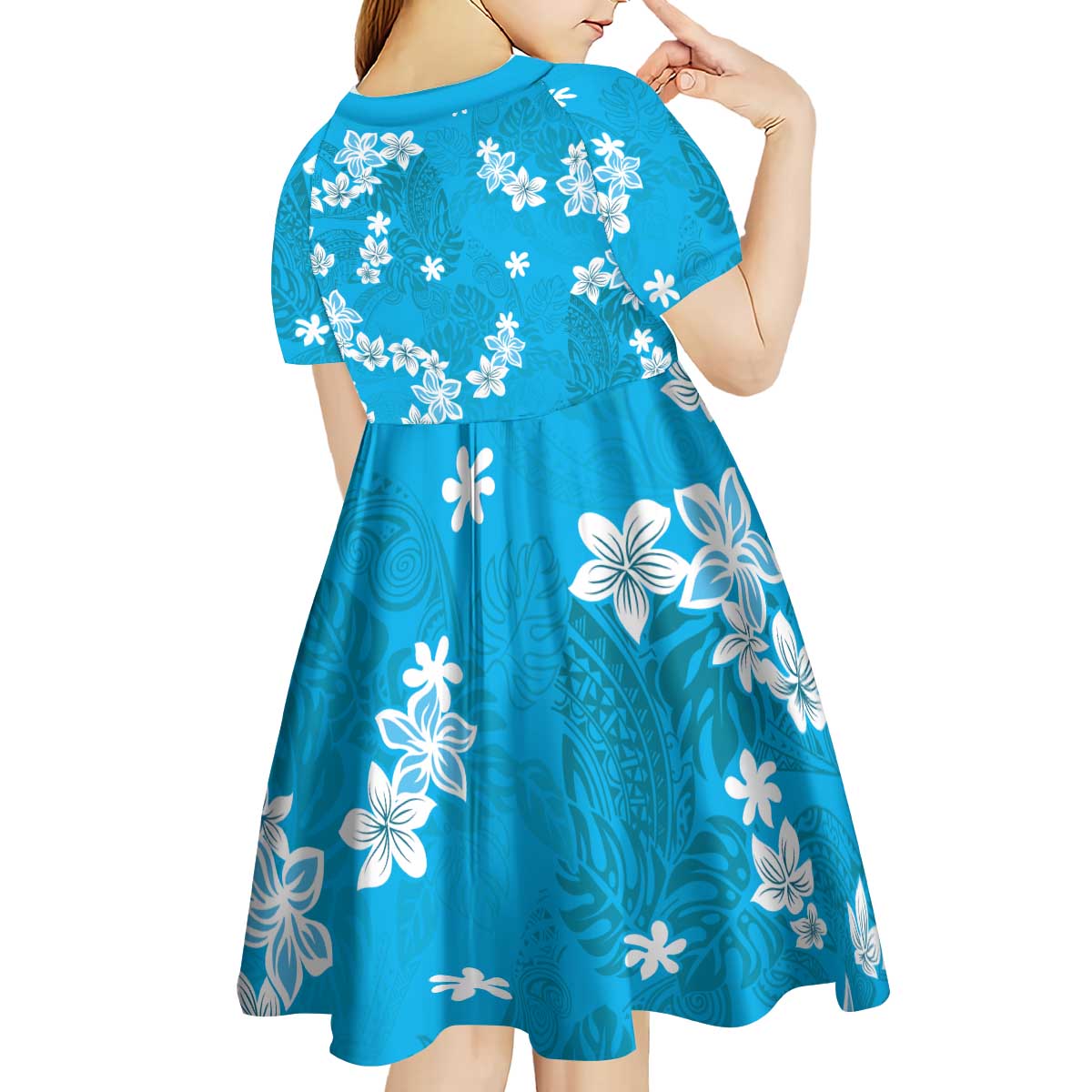 Hawaii Monstera Deliciosa Kid Short Sleeve Dress Blue Plumeria Polynesian Pattern - Polynesian Pride
