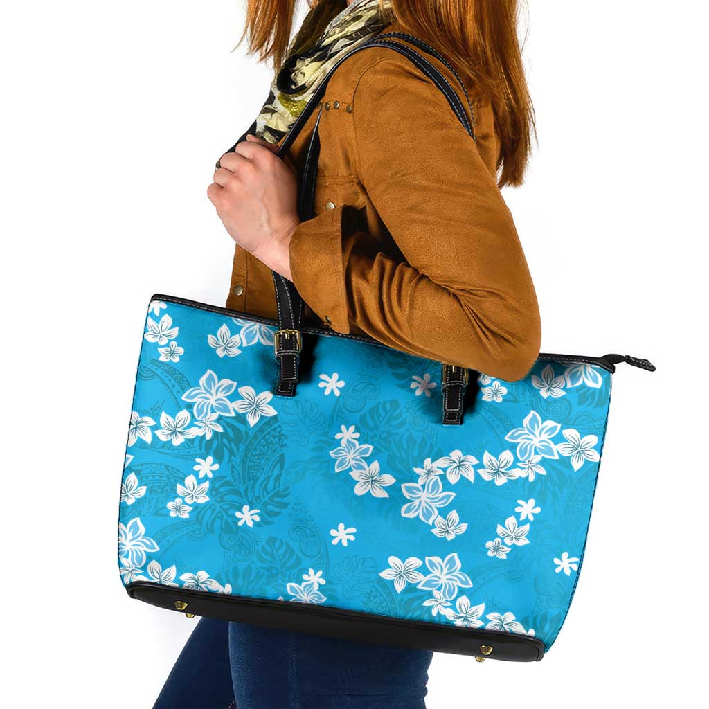 Hawaii Monstera Deliciosa Leather Tote Bag Blue Plumeria Polynesian Pattern - Polynesian Pride