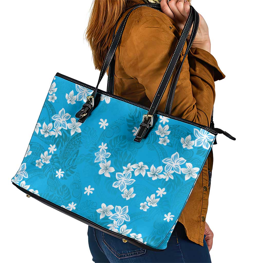 Hawaii Monstera Deliciosa Leather Tote Bag Blue Plumeria Polynesian Pattern - Polynesian Pride