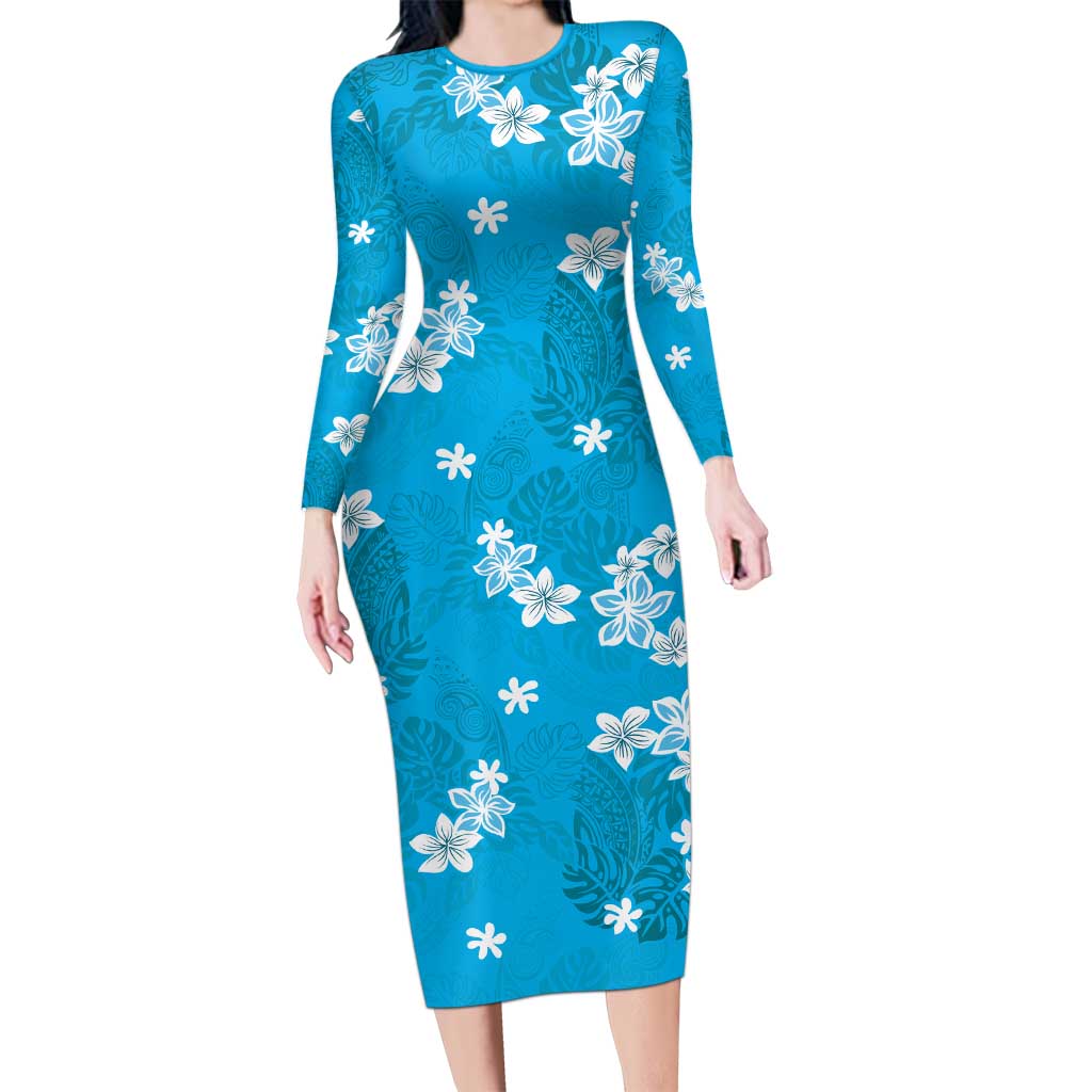 Hawaii Monstera Deliciosa Long Sleeve Bodycon Dress Blue Plumeria Polynesian Pattern - Polynesian Pride