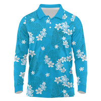 Hawaii Monstera Deliciosa Long Sleeve Polo Shirt Blue Plumeria Polynesian Pattern - Polynesian Pride