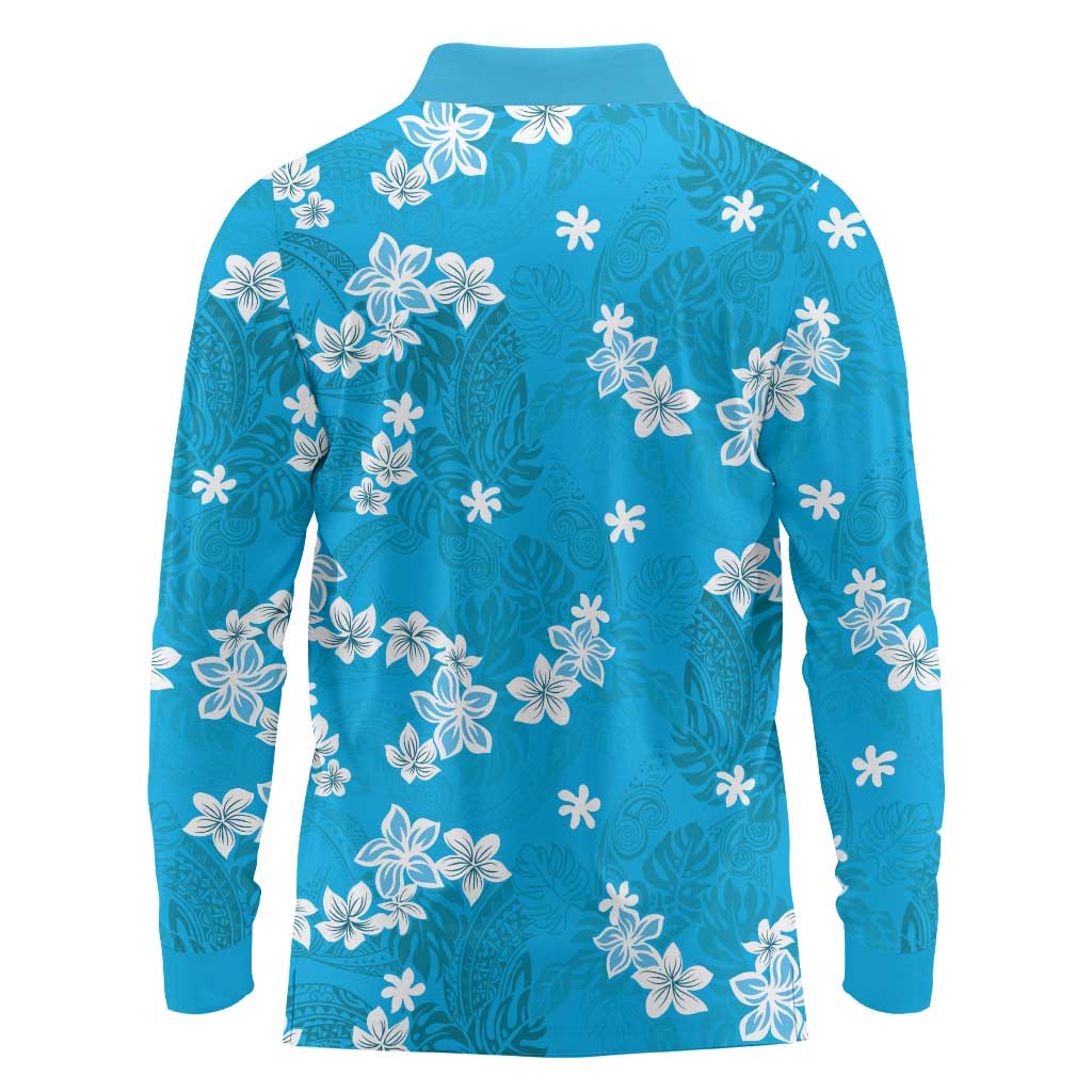Hawaii Monstera Deliciosa Long Sleeve Polo Shirt Blue Plumeria Polynesian Pattern - Polynesian Pride