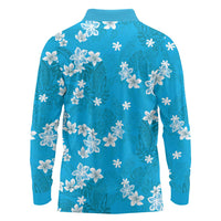 Hawaii Monstera Deliciosa Long Sleeve Polo Shirt Blue Plumeria Polynesian Pattern - Polynesian Pride