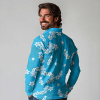 Hawaii Monstera Deliciosa Long Sleeve Polo Shirt Blue Plumeria Polynesian Pattern - Polynesian Pride
