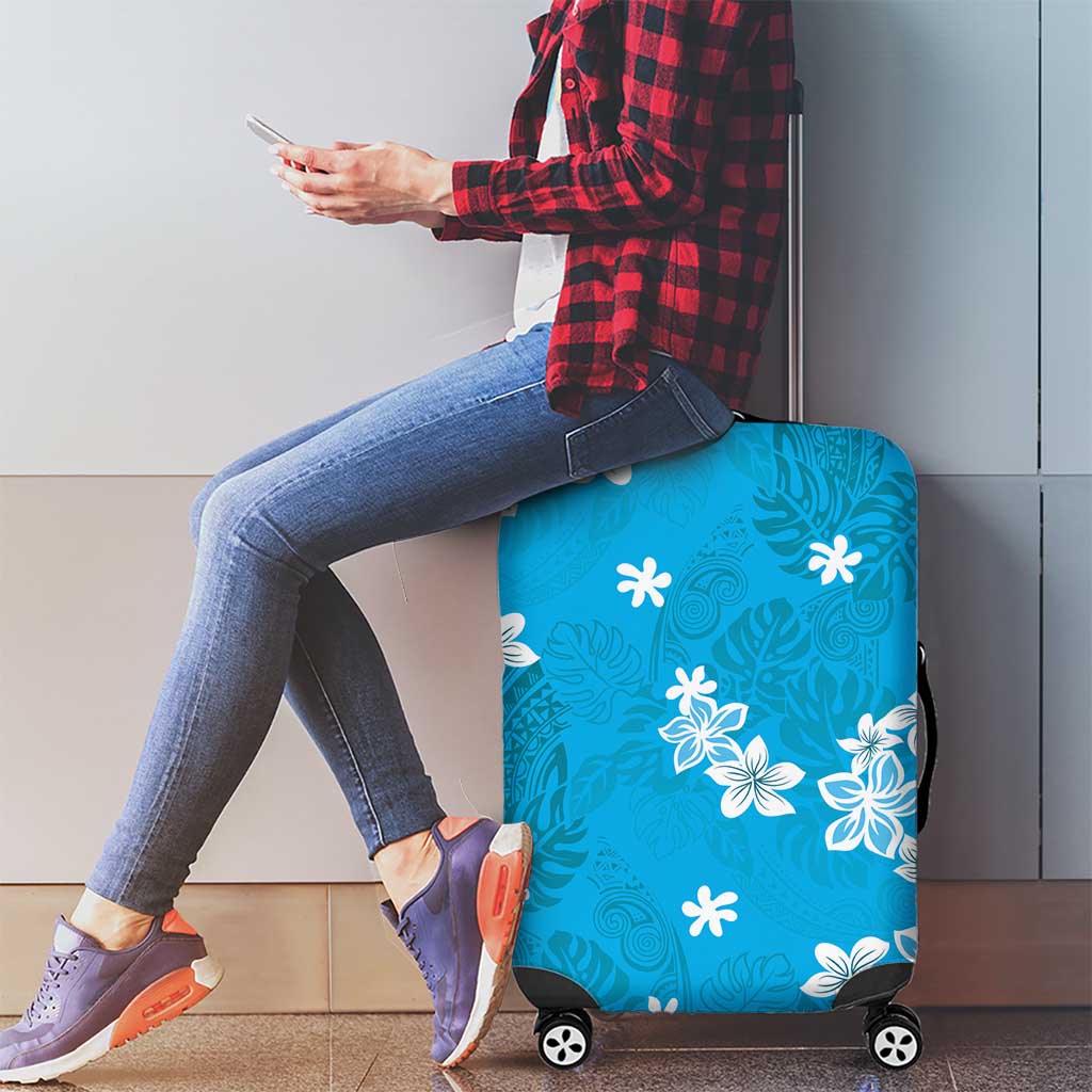 Hawaii Monstera Deliciosa Luggage Cover Blue Plumeria Polynesian Pattern - Polynesian Pride