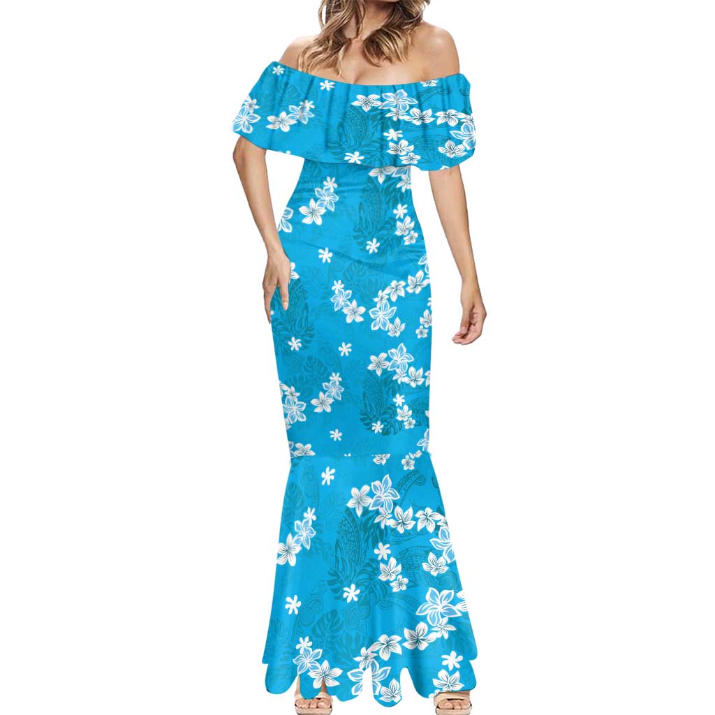 Hawaii Monstera Deliciosa Mermaid Dress Blue Plumeria Polynesian Pattern - Polynesian Pride
