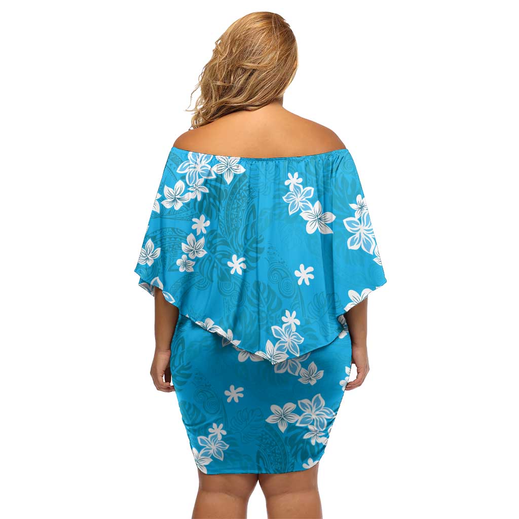 Hawaii Monstera Deliciosa Off Shoulder Short Dress Blue Plumeria Polynesian Pattern - Polynesian Pride