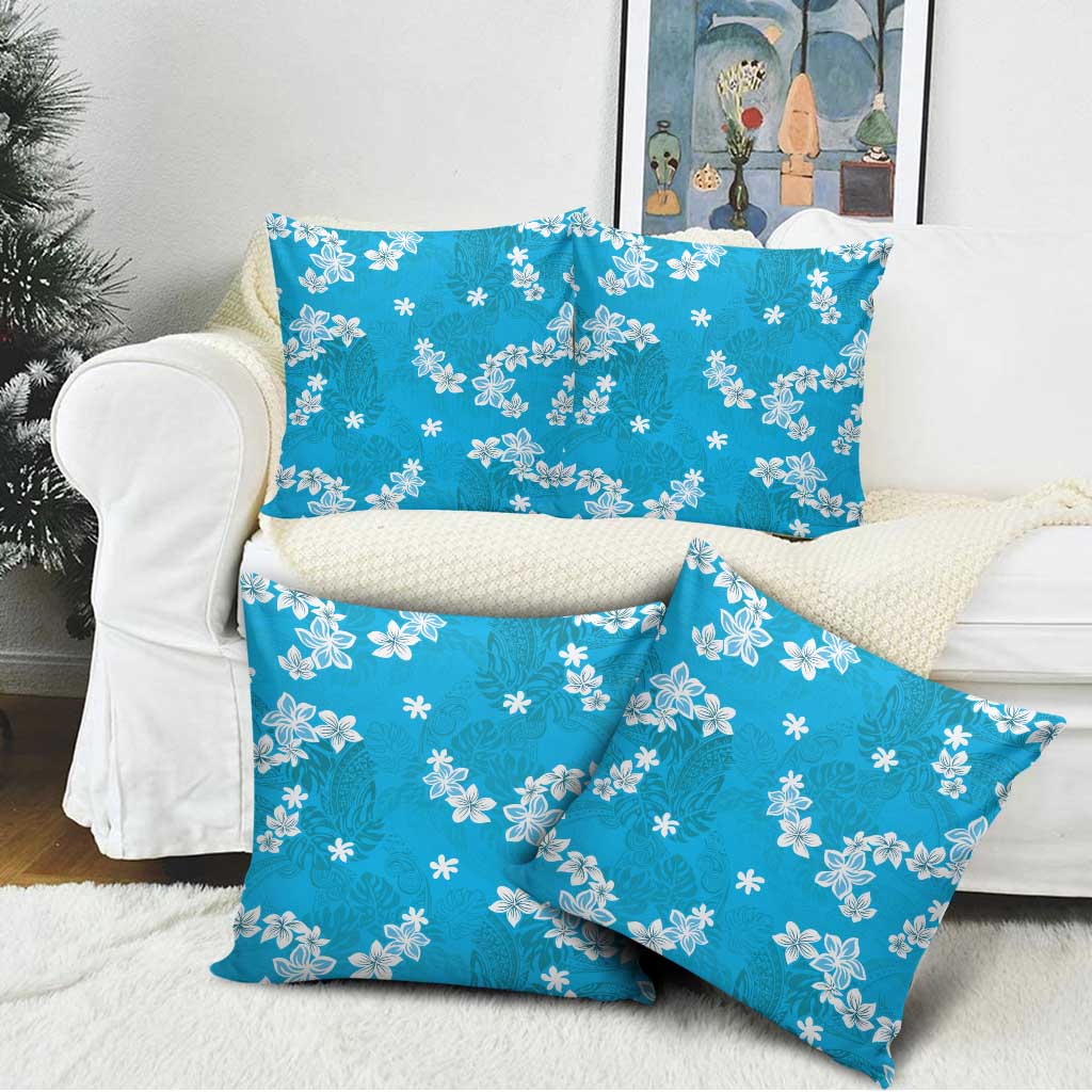Hawaii Monstera Deliciosa Pillow Cover Blue Plumeria Polynesian Pattern - Polynesian Pride