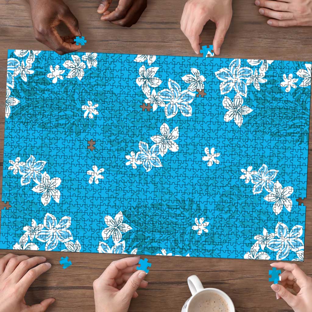 Hawaii Monstera Deliciosa Puzzle Blue Plumeria Polynesian Pattern - Polynesian Pride