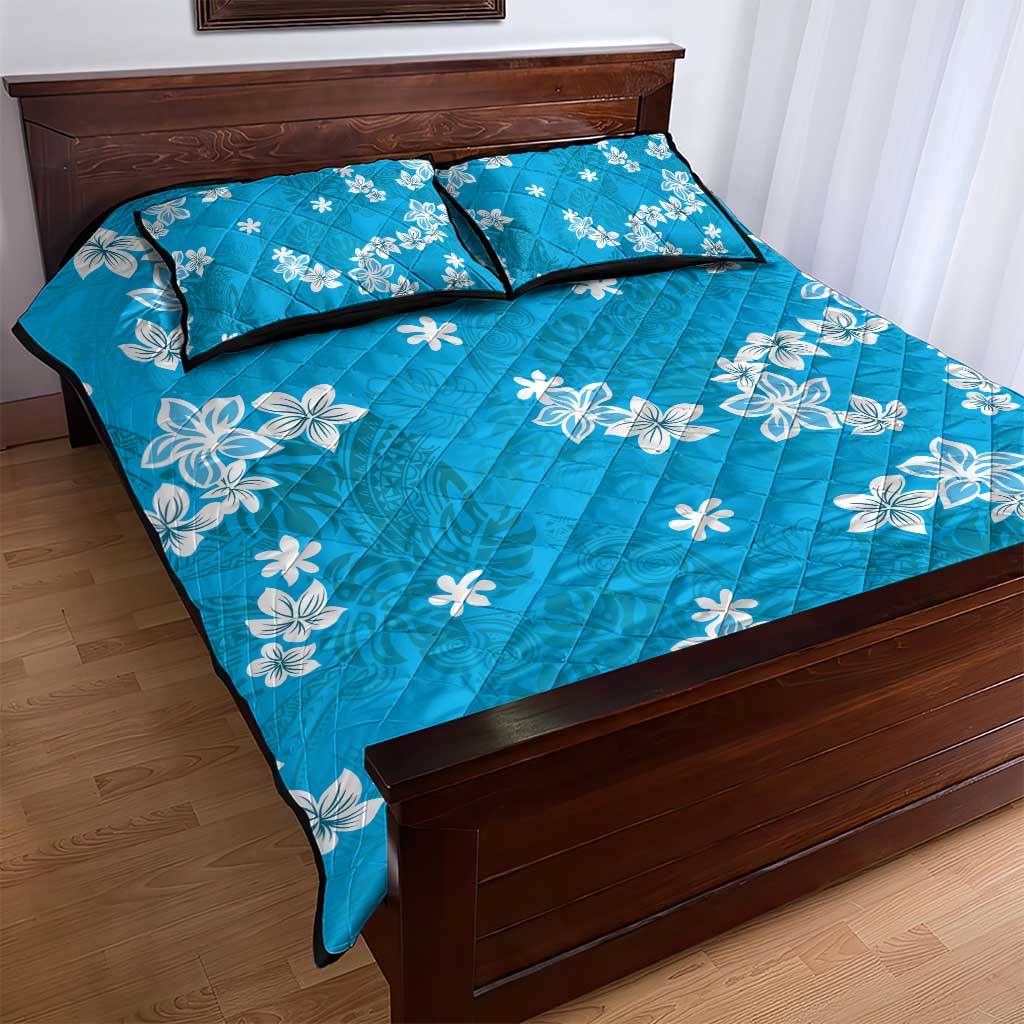Hawaii Monstera Deliciosa Quilt Bed Set Blue Plumeria Polynesian Pattern - Polynesian Pride