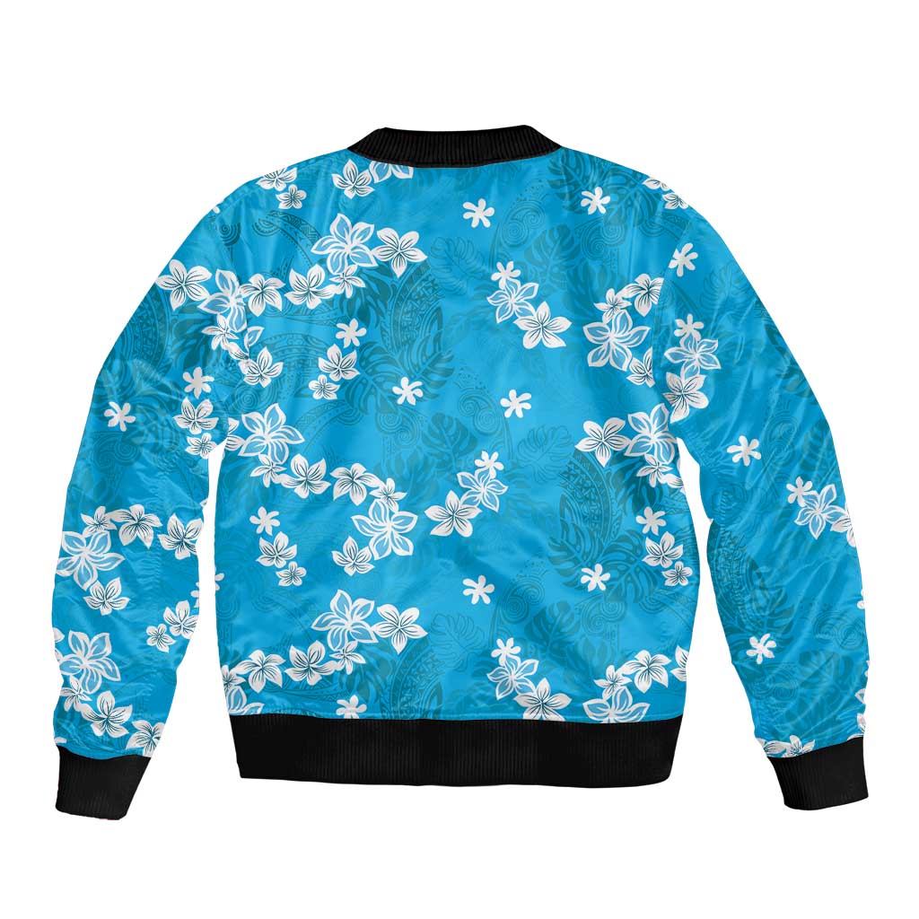 Hawaii Monstera Deliciosa Sleeve Zip Bomber Jacket Blue Plumeria Polynesian Pattern - Polynesian Pride