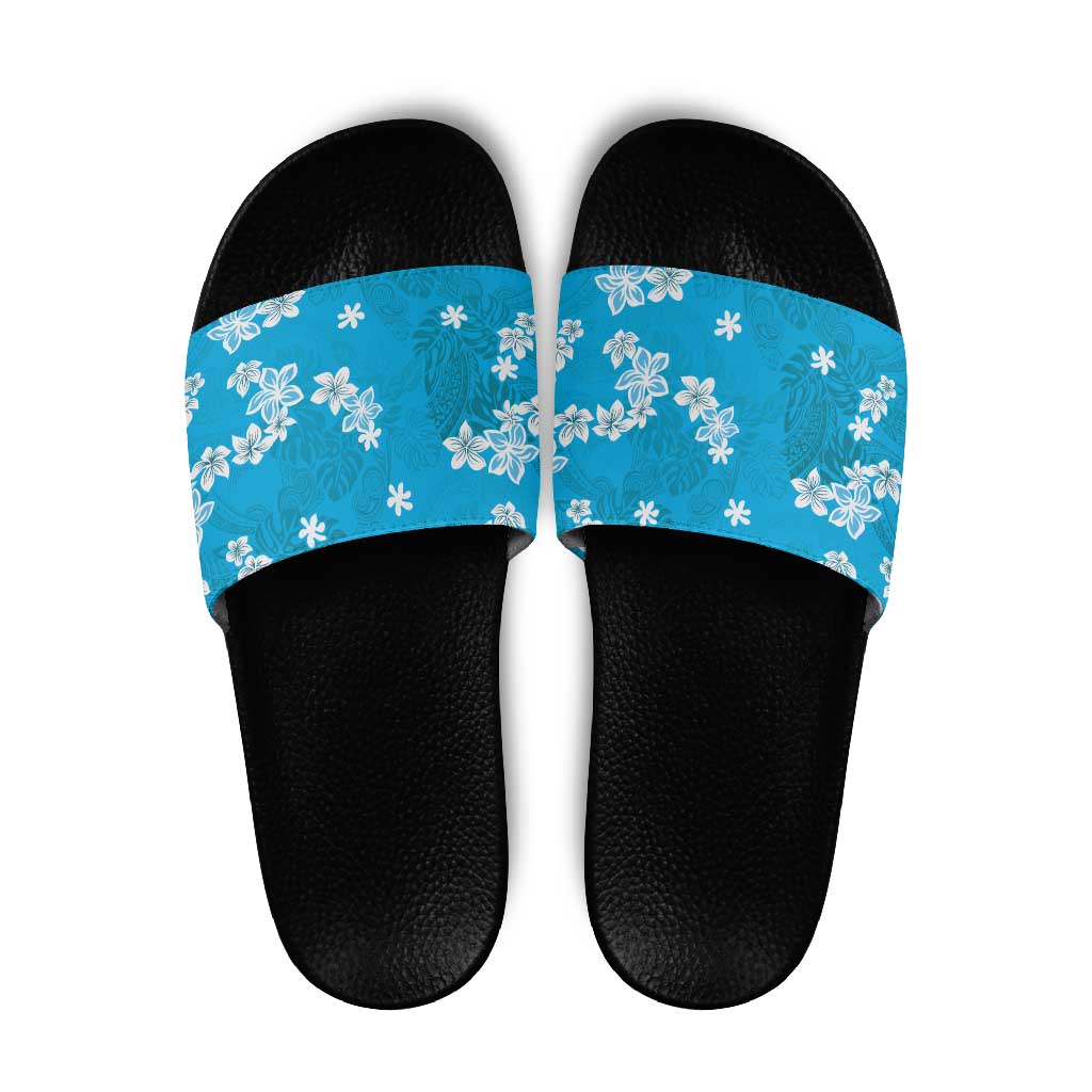 Hawaii Monstera Deliciosa Slide Sandals Blue Plumeria Polynesian Pattern - Polynesian Pride