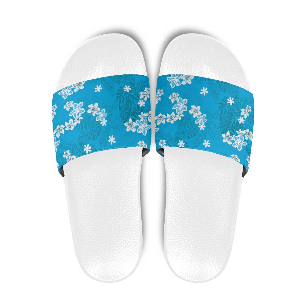 Hawaii Monstera Deliciosa Slide Sandals Blue Plumeria Polynesian Pattern - Polynesian Pride